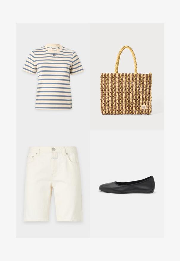 T-shirt crème manches courtes avec des rayures horizontales bleues et un petit logo carré noir et blanc au centre de la poitrine.; CLOSED JINNIE - Short - white; Ballerines en cuir noir avec un bout rond, texture lisse, détails de couture minimalistes et design de semelle flexible.; Sac tissé marron et jaune, de forme rectangulaire, avec deux poignées, et une finition texturée avec des coutures visibles et une étiquette de marque.