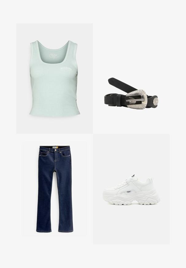 BDG Urban Outfitters SCOOP CONSTITCH VEST - Top - sterling blue; Bootcut blå jeans lavet af denim, med forlommer, synlige syninger og en let flared nederste kant. Ingen slid eller dekorationer.; Hvide chunky sneakers med en glat læderoverdel, rund tå og tyk tekstureret sål med et synligt brandlogo på siden.; Sort læderbælte med en stor, sølvfarvet, tekstureret spænde og matchende sølvfarvet concho-detalje på remmen, rullet sammen og sikret med en løkke.