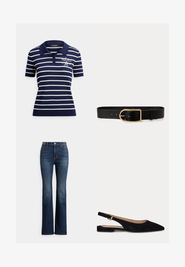 Polo de rayas horizontales en azul marino y blanco, con mangas cortas, dos botones y el logo bordado de Ralph Lauren en el pecho.; Vaqueros acampanados de tiro alto en azul oscuro con botón frontal y bolsillos, con un ligero desgaste en los muslos y las zonas de las rodillas, mostrados sobre un fondo blanco.; Zapato plano slingback de ante negro con punta puntiaguda, tacón bajo y correa ajustable con hebilla dorada.; Cinturón de cuero negro con una gran hebilla rectangular dorada y múltiples agujeros de ajuste, colocado plano sobre un fondo blanco.