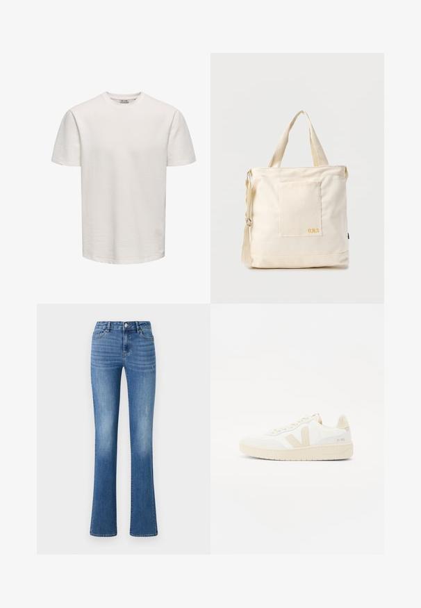 Effen wit, kort mouw, gestructureerd T-shirt met ronde hals, getoond op een egale achtergrond, zonder zichtbare logo's of ontwerpen.; ONLY ONLWAUW MID WAIST - Slim fit jeans - medium blue denim; Witte sneaker met beige accenten, voorzien van een gestructureerde bovenkant, ronde neus en een dikke rubberen zool. Het ontwerp bevat het iconische V-logo en merkbranding.; Crèmekleurige canvas boodschappentas met voorvak, twee handvatten, verstelbare schouderriem en kleine gele "O.N.S" tekst rechtsonder op het vak.