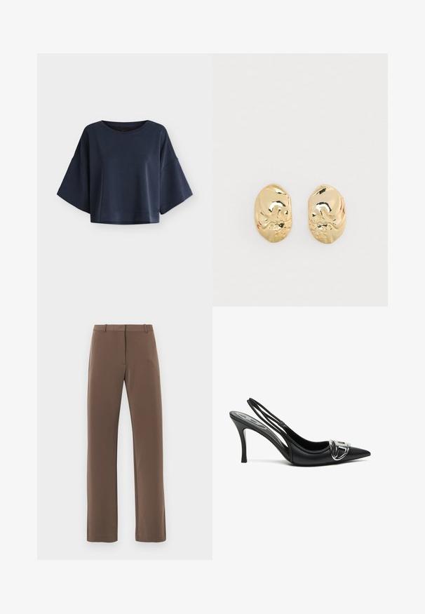 Top oversized de manga corta en azul oscuro con mangas anchas y escote redondo, mostrado sobre un fondo claro y liso.; Pantalones marrones de pierna recta con una textura lisa, que cuentan con una pretina con trabillas para cinturón y dos bolsillos laterales. Diseño clásico, sin estampados.; Zapatos de tacón alto de charol negros con tira trasera y punta afilada, que presentan un detalle de hebilla plateada brillante y un tacón delgado. Textura de cuero suave, diseño minimalista.; Pendientes de metal dorado con una forma irregular, que presentan un acabado pulido y un sutil detalle texturizado en la superficie.