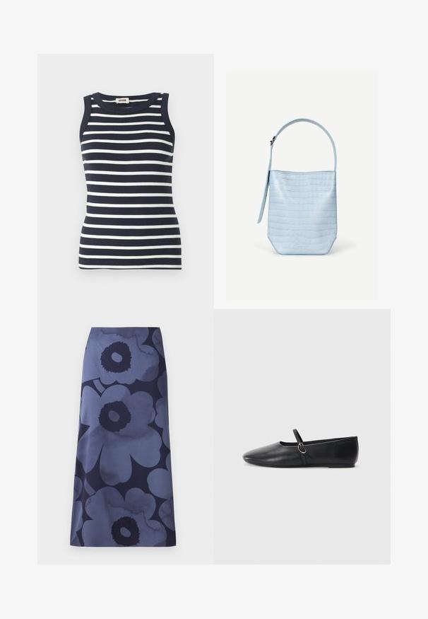 Marineblauwe en witte gestreepte tanktop van ribstof, met een ronde halslijn en mouwloos ontwerp.; Midi-jurk met bloemenprint met grote donkerblauwe bloemen op een lichterblauwe achtergrond; de stof lijkt glad met een licht glanzende textuur.; Zwarte leren balletschoenen met een spitse neus, platte zool en een kleine strap met een zilveren gespsluiting.; Lichtblauwe handtas met krokodillenpatroon, rechthoekige vorm, enkele handgreep bovenaan en een afneembare zijriem, afgebeeld op een effen witte achtergrond.