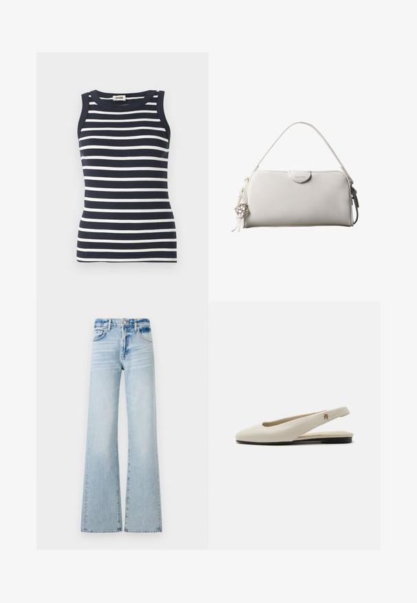 Gestreiftes Tanktop in Marineblau und Weiß, aus geripptem Material, mit rundem Ausschnitt und ärmellosem Design.; Helle blaue weit geschnittene Jeans aus Denim, mit mittelhohem Bund, fünf Taschen und Kontrastnähten sowie einem verwaschenen Finish.; cremefarbiger Lederslingback-Flachschuh mit rundem Zehenbereich und kleinem goldfarbenem Emblem am Riemen.; Weiße rechteckige Calvin Klein Handtasche mit einem einzelnen Henkel, minimalistischem Design und dekorativen Quasten mit geometrischem Metallanhänger an der Seite.