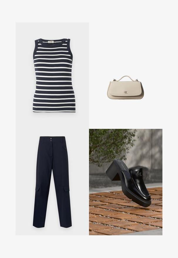 Débardeur rayé bleu marine et blanc en tissu côtelé, avec un col rond et une conception sans manches.; Pantalons cargo de la marine, fabriqués en matériau tissé, comprenant deux poches latérales, une fermeture à bouton et un design à jambe droite.; Mule slip-on en cuir noir Calvin Klein avec talon bloc reposant sur des carreaux en bois à l'extérieur près d'une plante verte et d'un mur gris.; Petit sac à main en cuir beige avec poignée supérieure et logo CK argenté sur le rabat avant, présenté sur fond blanc.