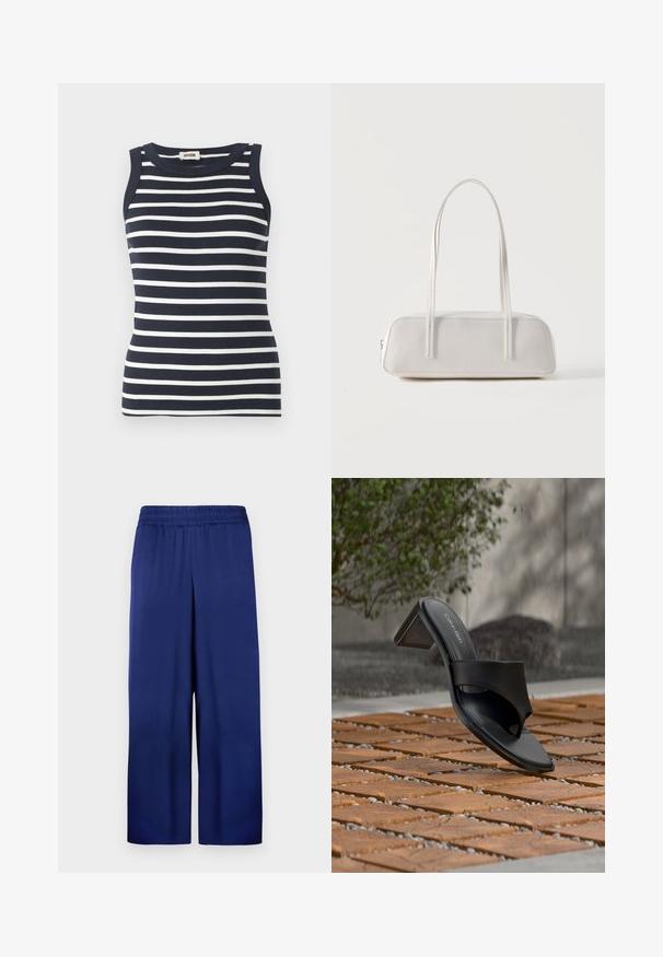 Top sin mangas de rayas en azul marino y blanco, hecho de tela acanalada, con un escote redondo.; Pantalones de pierna ancha en azul marino con una cintura elástica, fabricados en tela suave, que presentan un diseño simple y funcional sin patrones visibles.; Sandalia de tacón negra de Calvin Klein con lazo en el dedo sobre un suelo de baldosas de madera al aire libre, cerca de un árbol y un muro de piedra.; Bolso de hombro rectangular blanco con correas largas y delgadas, costuras mínimas y cierre de cremallera sobre un fondo liso.