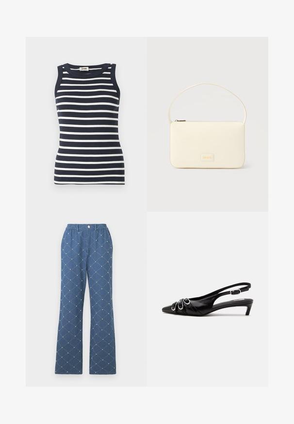 Gestreiftes Tanktop in Marineblau und Weiß, aus geripptem Material, mit rundem Ausschnitt und ärmellosem Design.; Blaue gemusterte Hose mit einem rautenförmigen Steppdesign und kleinen dekorativen Perlen, einem elastischen Bund und einem Knopfverschluss.; Schwarzer Lederslingback mit spitzer Spitze, drei silbernen Schnallen vorne und niedrigem Kittenabsatz auf weißem Hintergrund.; Rechteckige Handtasche in Cremefarbe mit einem einzelnen Trageriemen und Reißverschluss oben, ausgestattet mit einer kleinen, geprägten Logoplakette vorne.