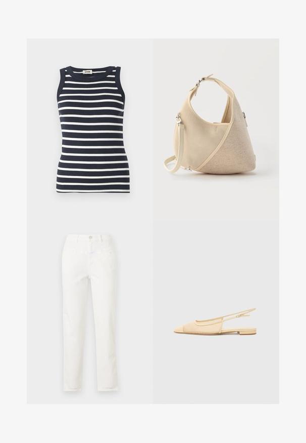 Débardeur rayé bleu marine et blanc en tissu côtelé, avec un col rond et une conception sans manches.; Jean blanc à jambes droites avec poches avant, passants de ceinture et fermeture par bouton à la taille.; Chaussure plate slingback en beige clair avec une tige en maille, un bout pointu et un petit talon. Dotée d'une sangle ajustable pour un bon maintien.; Sac à main beige en forme de croissant avec textures de tissus mélangées, poignée courte et bandoulière amovible, sur fond clair.