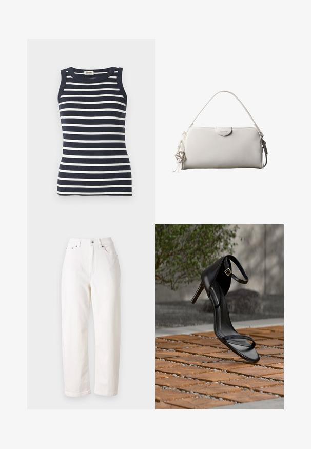 Débardeur rayé bleu marine et blanc en tissu côtelé, avec un col rond et une conception sans manches.; Jean en denim blanc avec une coupe droite, taille haute, fermeture éclair et bouton métallique. Comprend cinq poches et une couture discrète.; Sandale noire à talon haut avec sangle à la cheville, suspendue au-dessus d'un sol en carreaux de bois à l'extérieur, avec un arrière-plan flou de verdure et de pierre.; Sac à main rectangulaire blanc Calvin Klein avec une seule poignée, design minimaliste et pampilles décoratives avec un charm métallique géométrique sur le côté.