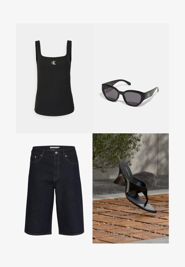 Zwarte mouwloze geribbelde tanktop met vierkante halslijn en klein wit CK-logo midden op de borst.; Donkerdenim shorts met een middelhoog taille, rechte snit en contrasterende oranje stiksels. Beschikt over voorzakken en een knoopsluiting.; Zwarte Calvin Klein hoge hak teenslipper die zweeft boven een betegeld buitenterrein met groen en een betonnen muur op de achtergrond.; Zwarte zonnebril met een strak, hoekig ontwerp, donkere lenzen en een contrasterend zilveren logo aan de zijkant. Glad kunststof oppervlak.