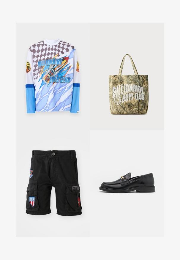 Langærmet skjorte med teksten "Billionaire Boys Club", ternet mønster på toppen, blåt og hvidt abstrakt design samt astronaut-hjelm patches på ærmerne.; Sorte cargo shorts lavet af bomuld, med flere lommer, broderede lapper i rød, blå og grøn, og en knaplukning i taljen.; Sorte læder loafers med en rund tå, der har guld hardware accent og syningsdetaljer, placeret på en lav, tekstureret gummisål.; Camouflage-mønstret mulepose lavet af tekstureret stof med to håndtag. Fremviser en fremtrædende hvid logo på den ene side.