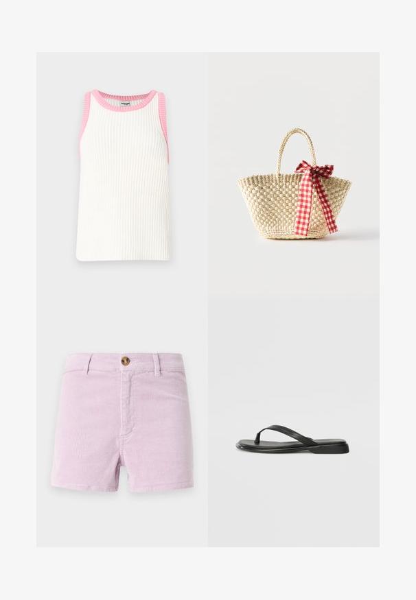 Débardeur blanc à côtes sans manches avec des accents en tricot rose le long de l'encolure et des emmanchures. Présente une coupe carrée et un tissu texturé.; Shorts en velours côtelé lavande clair avec fermeture à bouton, présentant un design à rayures texturé et des poches avant, coupés au-dessus de la cuisse.; Tongs noires en cuir lisse, avec un design de sangle fine et une semelle plate à profil minimal. Aucun motif ou accent notables.; Sac cabas en paille tissée avec des poignées tressées et un ruban à carreaux rouge et blanc noué en un nœud d'un côté.