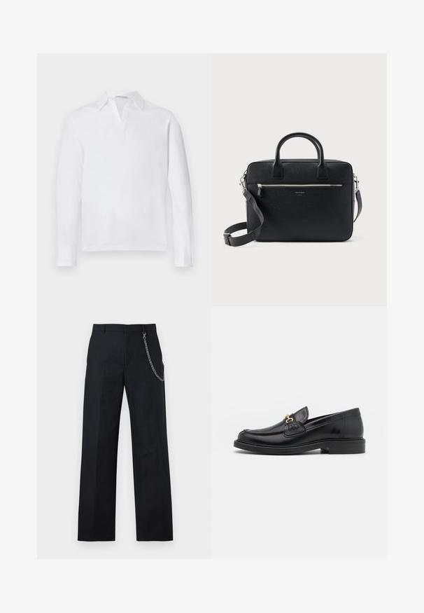Witte lange mouwen polo met een puntige kraag en gedeeltelijke knoopsluiting. Zachte katoenen stof met een effen textuur. Geen zichtbare accenten.; Zwarte broek met wijde pijpen, riemlussen en een aangehechte zilveren ketting aan de rechterkant, getoond tegen een witte achtergrond.; Zwarte leren instappers met een ronde neus, voorzien van een gouden hardware accent en stikdetails, geplaatst op een lage, getextureerde rubberen zool.; Zwart gestructureerde rechthoekige leren aktetas met dubbele handvatten, voorvak met rits en verstelbare schouderriem, weergegeven op witte achtergrond.