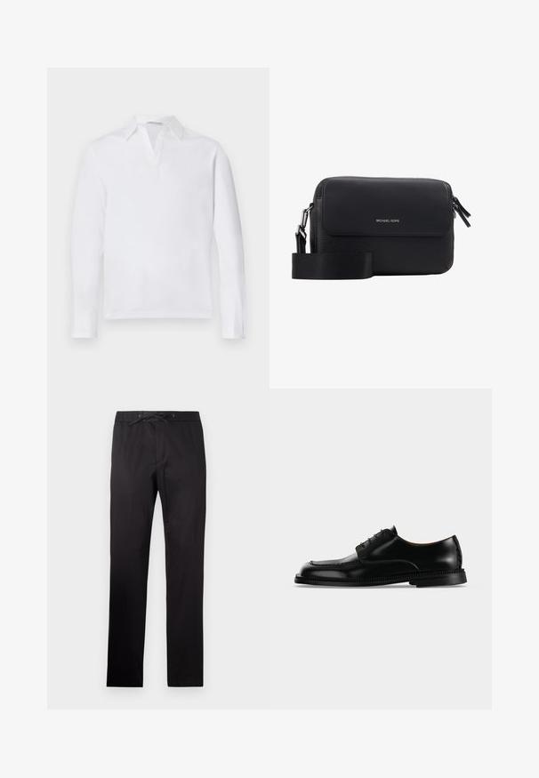 Hvid langærmet polo shirt med spidse krave og delvis knaplukning. Blødt bomuldsstof med en ensfarvet struktur. Ingen synlige detaljer.; Sorte bukser med elastisk talje og snor. Har en glat tekstur og lige ben-design. Minimalistisk stil uden mønstre.; Sort blankt læder snøresko med tyk detaljeret sål, vist fra højre side mod en ensartet lys baggrund.; Sort lædertaske til tværs af kroppen med en glat klap, tekstureret overflade, sølvfarvet logo og justerbar strop af stof. Fremstillet med lynlåslukning.
