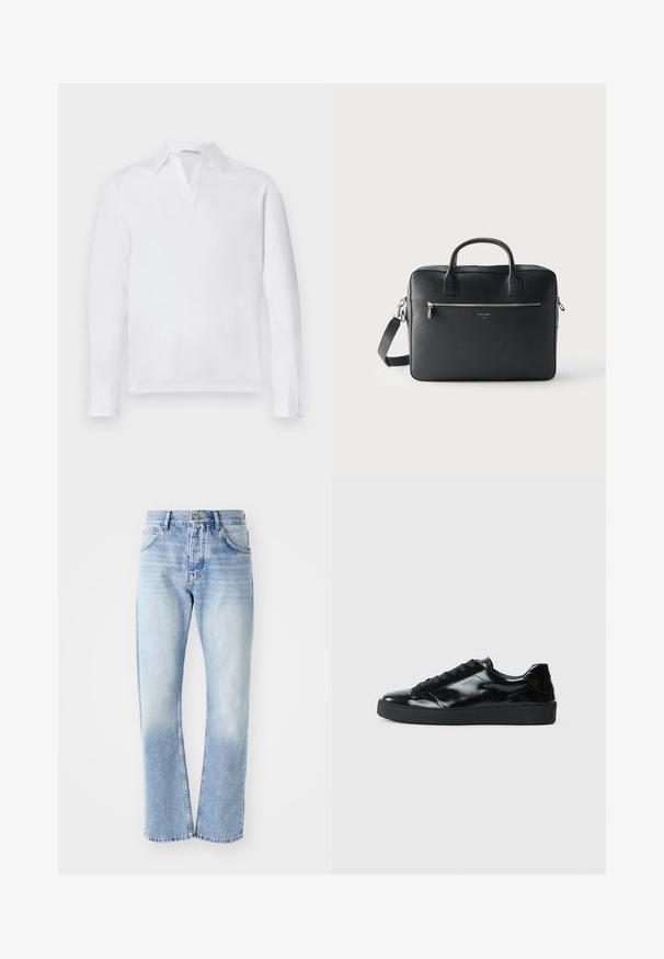 Hvid langærmet polo shirt med spidse krave og delvis knaplukning. Blødt bomuldsstof med en ensfarvet struktur. Ingen synlige detaljer.; Lyseblå denim jeans med lige ben. Har en fem-lomme design, knaplukning og en falmet tekstur mod bunden.; Sorte laklæder sneakers med rund tå, snørredesign, tekstureret gummisål og en glat overflade.; Sort rektangulært lædermappe med dobbelte håndtag, lynlåslomme foran og aftagelig skulderrem mod en ensartet lys baggrund.