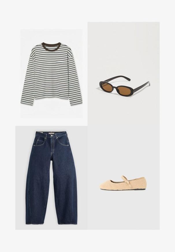Chemise à manches longues avec des rayures horizontales marron et bleu clair, col rond marron foncé et une poche poitrine sur fond blanc.; Jean en denim bleu foncé, à coupe ample, avec des coutures claires, cinq poches et un bouton de fermeture à la taille.; Chaussure plate Mary Jane en beige peluche avec bout arrondi, sangle réglable avec boucle circulaire et semelle noire sur fond blanc.; Lunettes de soleil avec des verres ovales marron, monture en plastique noir et branches fines. Texture lisse avec un design minimaliste.