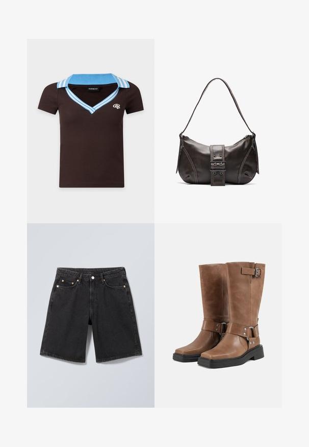 Chemise marron à manches courtes avec un col bleu clair et un liseré rayé en V, avec un petit logo blanc sur la poitrine gauche.; Short en denim noir avec bouton à l'avant, passants pour ceinture et design à cinq poches, présenté sur un fond gris neutre.; Paire de bottes mi-mollet en cuir marron avec semelles épaisses noires, brides latérales avec boucles et rivets métalliques, et bouts carrés.; Sac à épaule en cuir marron avec une forme courbée, présentant un détail de boucle proéminent, des coutures contrastantes et une seule bandoulière.