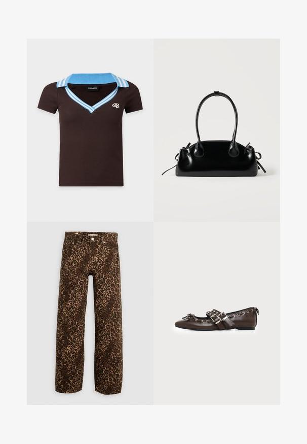 Brun kortærmet skjorte med lyseblå krave og V-hals med striber, med en lille hvid logo på venstre bryst.; Bordeaux og tan leopardprint brede benjeans. Fremstillet af denim, med et klassisk fem-lomme design og metalhardwaredetaljer.; Mørkebrune lædersko med flad sål og spids snude, dobbelt sølvsnørrebånd, metaløjer og dekorativ sløjfe foran.; Lille sort blank håndtaske med to lange håndtag og snøre-detaljer i siden på en ensfarvet lys baggrund.