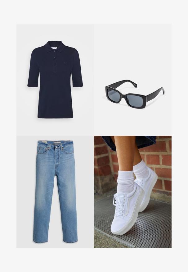 Mørkeblå polo med korte ærmer, klassisk krave, tre-knaps lukning og broderet logo på brystet. Fremstillet af bomuldsstof.; Lysblå lige ben denimbukser med forlommer, bæltestropper og en knaplukning på en ensfarvet baggrund.; Hvide lærreds sneakers med gummisåler, der har seks snørehuller, rund tå og let sømdetaljer, krydret med hvide ankelstrømper.; Sorte rektangulære solbriller med mørkt tonede linser, tyk plastramme og brede stænger. Glat overflade og kantet design.
