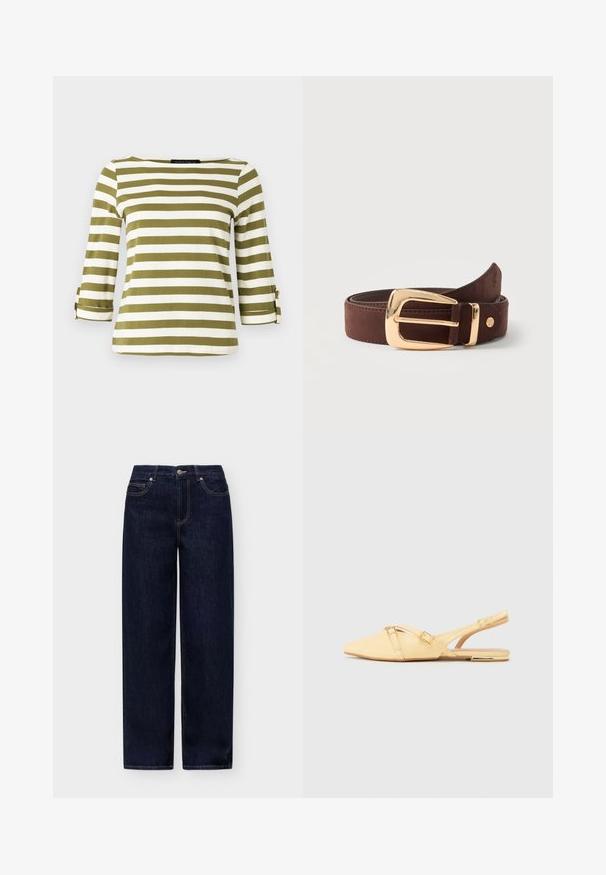Haut rayé en vert olive et blanc, avec des manches trois-quarts munies de pattes de serrage et un col bateau. Tissu lisse et doux.; Jean denim bleu foncé droit avec bouton à l'avant et poches sur un fond clair uni.; Ballerines jaunes en cuir avec un talon slingback et un bout pointu, présentant deux bretelles croisées et un petit accent métallique sur le talon.; Ceinture en cuir marron roulée avec une boucle rectangulaire dorée brillante et un petit logo métallique rond près de la pointe.