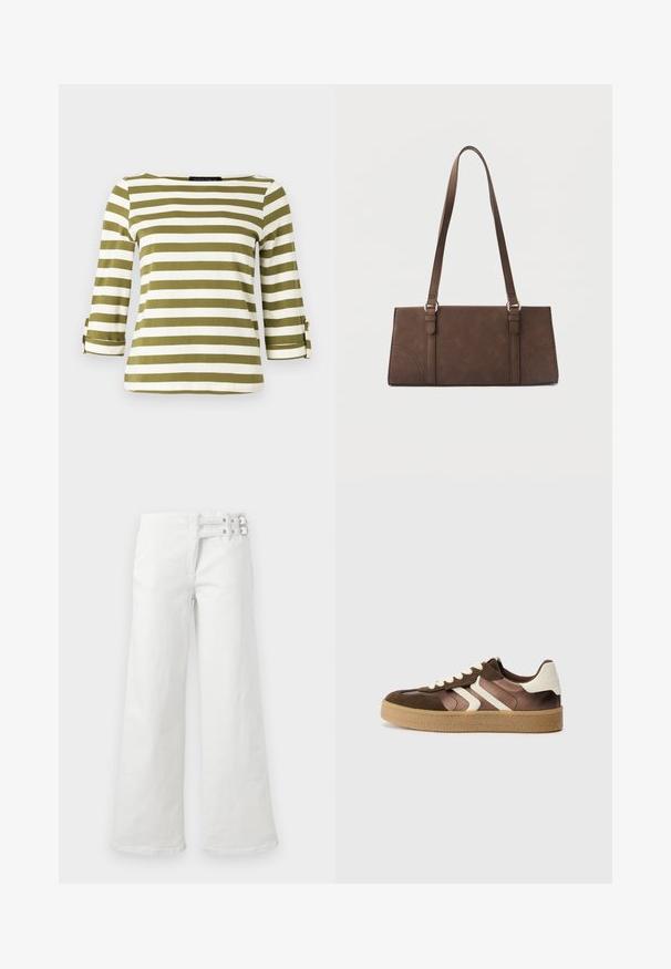 Haut rayé en vert olive et blanc, avec des manches trois-quarts munies de pattes de serrage et un col bateau. Tissu lisse et doux.; Pantalon blanc à jambes larges avec taille haute, détail double boucle sur le côté droit, couture avant et fermeture éclair.; Baskets marron et crème en combinaison de daim et de satin, avec trois bandes diagonales et une semelle en gomme texturée.; Sac à bandoulière rectangulaire marron avec longues sangles et détails de couture minimalistes sur un fond uni.