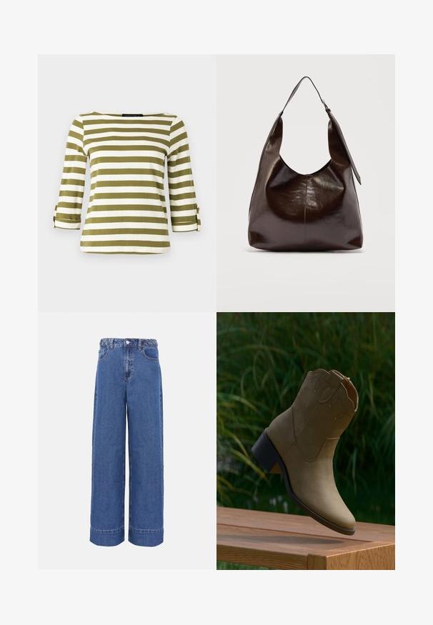 Haut rayé en vert olive et blanc, avec des manches trois-quarts munies de pattes de serrage et un col bateau. Tissu lisse et doux.; Jean en denim bleu à jambes larges avec ceinture tressée, bouton frontal et poches, présenté sur un fond uni.; Bottine en daim couleur fauve avec surpiqûres décoratives et petit talon carré, posée au bord d'une surface en bois en extérieur.; Sac à bandoulière en cuir marron foncé brillant avec une seule large sangle et un détail de boucle sur un côté, posé sur un fond clair uni.