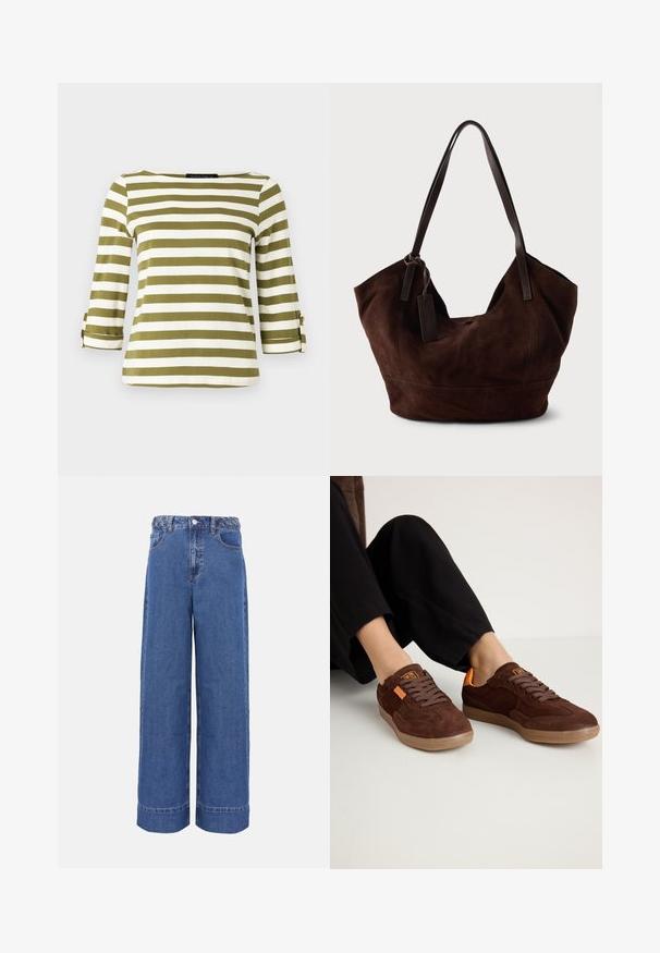 Gestreept shirt in olijfgroen en wit, met driekwart mouwen met oprolriempjes en een boothals. Gladde, zachte stoftextuur.; Blauwe denim jeans met wijde pijpen, gevlochten tailleband, knopen aan de voorkant en zakken, weergegeven op een effen achtergrond.; Bruine suède sneakers met een ronde neus, textuur bovenkant en oranje accenten. Voorzien van platte veters en een rubberen zool.; Bruine suède handtas met een zachte, slungelige vorm. Voorzien van leren handvatten en een tagaccent. Eenvoudige textuur met gebogen naden.