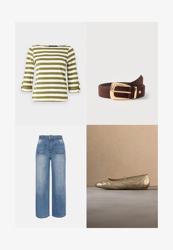 Haut rayé en vert olive et blanc, avec des manches trois-quarts munies de pattes de serrage et un col bateau. Tissu lisse et doux.; Jean en denim bleu à taille haute et jambes larges, avec poches plaquées à l'avant et ceinture assortie munie d'une boucle carrée en métal.; Ballers dorées métalliques avec des coutures, une sangle élastique, un bout rond et une texture lisse, sur un fond gris texturé.; Ceinture en cuir marron roulée avec une boucle rectangulaire dorée brillante et un petit logo métallique rond près de la pointe.
