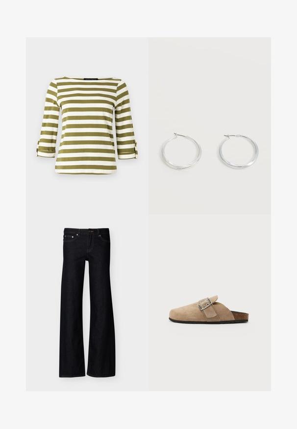 Haut rayé en vert olive et blanc, avec des manches trois-quarts munies de pattes de serrage et un col bateau. Tissu lisse et doux.; Jean denim noir à jambes larges avec poches avant, fermeture par bouton, et coutures apparentes, présenté sur un fond blanc uni.; Sandale en daim beige à enfiler avec une bride à boucle, bout arrondi et semelle en liège texturée. Semelle extérieure en caoutchouc noir. Design minimaliste.; Boucles d’oreilles créoles en métal argenté avec une surface lisse légèrement incurvée et des fermoirs à clapet sur un fond blanc uni.