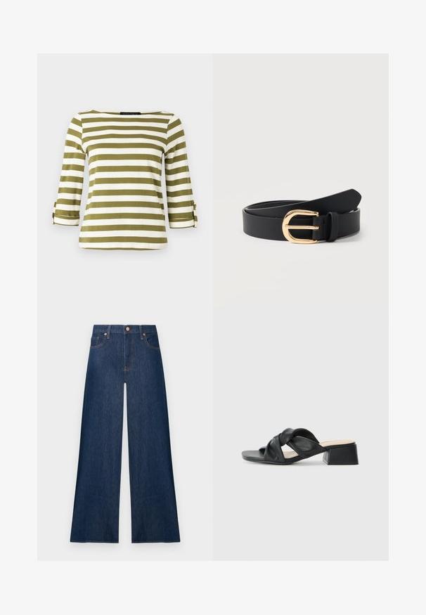 Stripet top i olivengrøn og hvid, med trekvartlange ærmer med opkrolningsstropper og bådudskæring. Glat, blød stofstruktur.; Mørkeblå vidde jeans i denim med knapper foran og lommer, vist mod en ensfarvet lys baggrund.; Sort lædersandal med et snoet overdesign, kvadratisk tå og en lav blokhæl, der har en glat tekstur og minimalistisk stil.; Sort læderbælte snoet med en skinnende gylden buet spænde og en bæltestrop på en ensfarvet hvid baggrund.