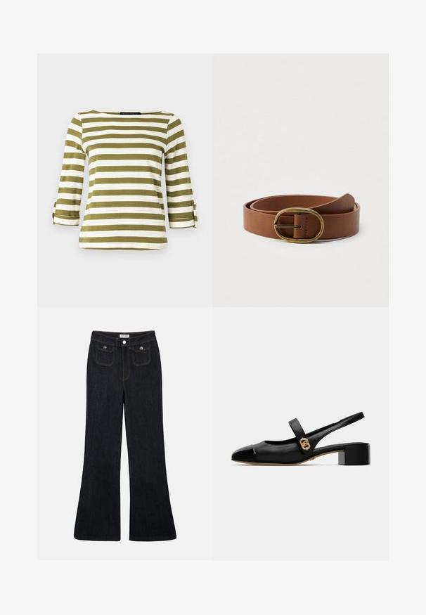 Haut rayé en vert olive et blanc, avec des manches trois-quarts munies de pattes de serrage et un col bateau. Tissu lisse et doux.; Jeans en denim foncé évasés avec une taille haute, deux poches avant et des coutures orange. Le matériau semble robuste et lisse.; Chaussure en cuir noir à talon ouvert avec un bout rond, présentant un cap glossy et un accent doré sur la sangle, maintenue par un petit talon bloc.; Ceinture en cuir marron enroulée avec une boucle ovale en laiton, présentée sur un fond blanc uni.