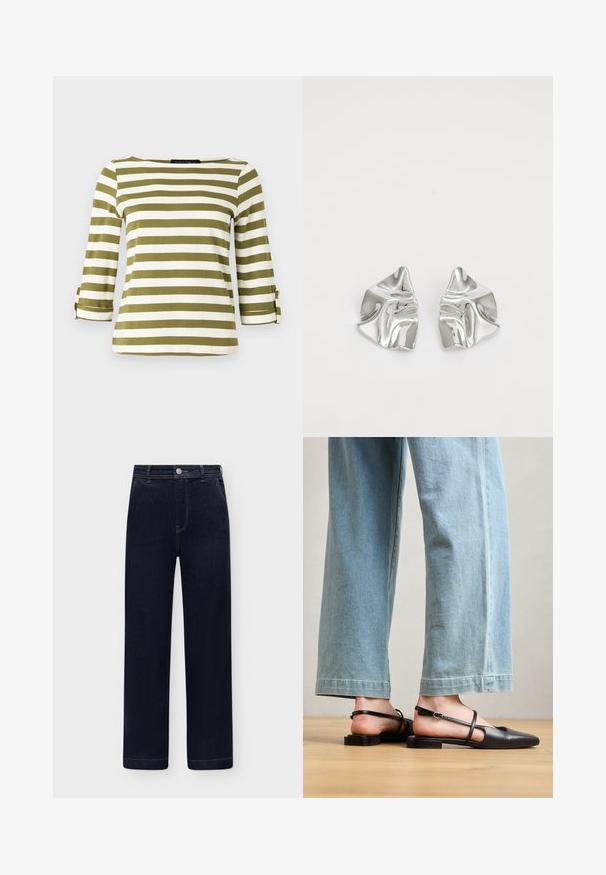 Gestreept shirt in olijfgroen en wit, met driekwart mouwen met oprolriempjes en een boothals. Gladde, zachte stoftextuur.; Donkerblauwe denim jeans met hoge taille en rechte pijpen, voorzakken, knoopsluiting en riemlussen op een lichte achtergrond.; Zwarte leren slingback schoenen met een spitse neus, platte hak en enkelband; gedragen met lichtblauwe wijde jeans.; Zilveren metalen oorbellen met een golvend, sculpturaal ontwerp, voorzien van een gepolijste afwerking en onregelmatige vormen, die een hedendaagse esthetiek benadrukken.