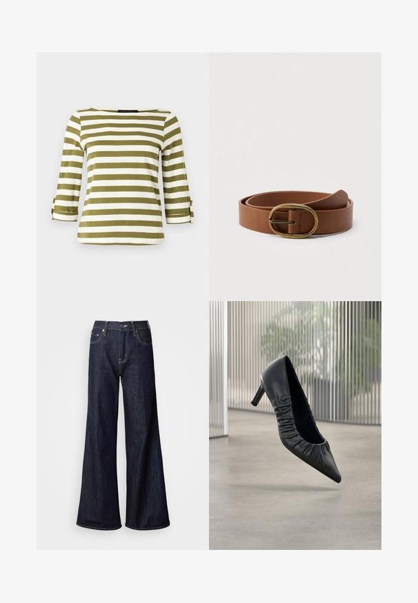 Haut rayé en vert olive et blanc, avec des manches trois-quarts munies de pattes de serrage et un col bateau. Tissu lisse et doux.; Jean à jambes larges en denim foncé, présentant une taille haute, cinq poches, des coutures blanches contrastantes et une texture lisse.; Escarpin en cuir noir à talon haut avec bout pointu et texture froncée sur la tige. Finition lisse ; hauteur de talon modérée.; Ceinture en cuir marron enroulée avec une boucle ovale en laiton, présentée sur un fond blanc uni.