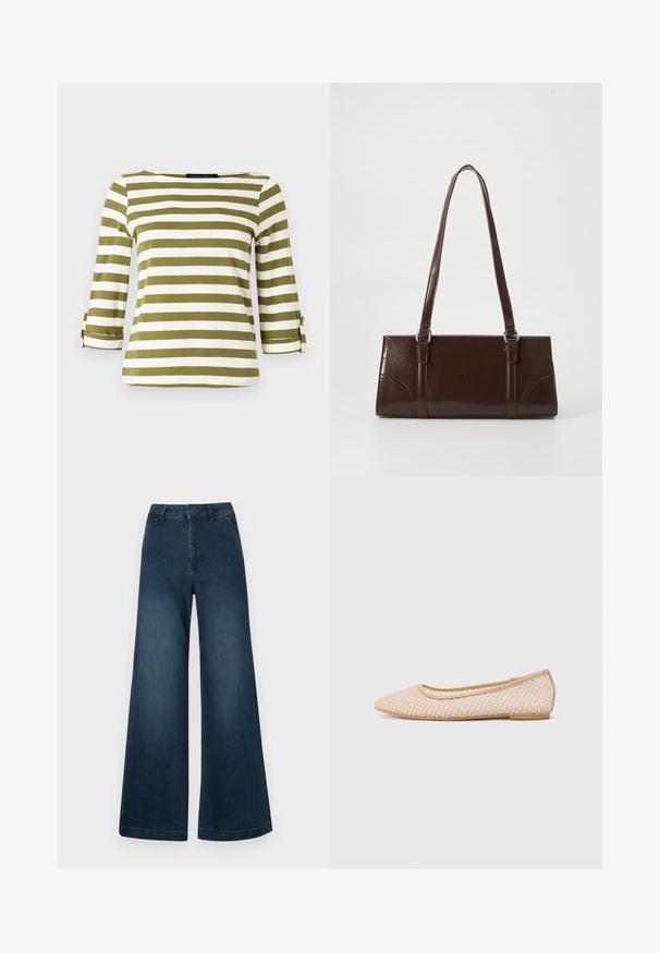 Gestreept shirt in olijfgroen en wit, met driekwart mouwen met oprolriempjes en een boothals. Gladde, zachte stoftextuur.; Donkerblauwe hoge taille wijde spijkerbroek met front pockets en riemlussen op een witte achtergrond.; Ballet flats met een spitse neus, gemaakt van geweven beige materiaal, met een flexibele zool en een gladde randafwerking.; Bruine lakleren handtas met een rechthoekige vorm, twee lange handvatten en subtiele gebogen accenten aan de voorkant.