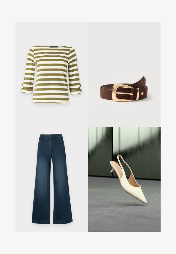 Haut rayé en vert olive et blanc, avec des manches trois-quarts munies de pattes de serrage et un col bateau. Tissu lisse et doux.; Jean en denim bleu foncé, taille haute et jambes larges, avec poches avant et passants de ceinture sur fond blanc.; Chaussure femme beige à bout pointu avec bride arrière et petit talon kitten, flottant au-dessus d'un sol gris sur fond sombre flou.; Ceinture en cuir marron roulée avec une boucle rectangulaire dorée brillante et un petit logo métallique rond près de la pointe.