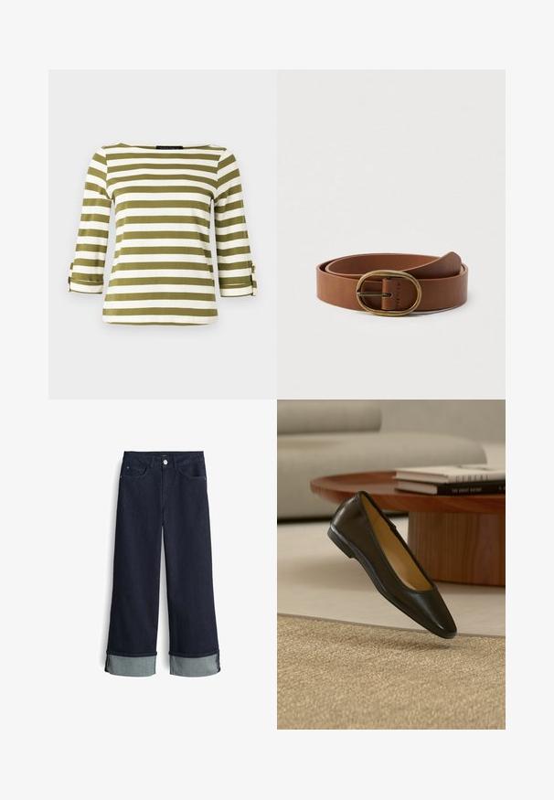 Gestreept shirt in olijfgroen en wit, met driekwart mouwen met oprolriempjes en een boothals. Gladde, zachte stoftextuur.; Donkerblauwe denim wijdvallende jeans met een hoge taille, voorzien van opgerolde zoommanchetten in een lichter blauwe stof en een standaard vierzakkenontwerp.; Zwarte leren platte schoen met afgeronde vierkante neus op een beige geweven tapijt, met houten salontafel en gestapelde boeken op de achtergrond.; Bruine leren riem opgerold met een ovale koperen gesp, weergegeven op een effen witte achtergrond.