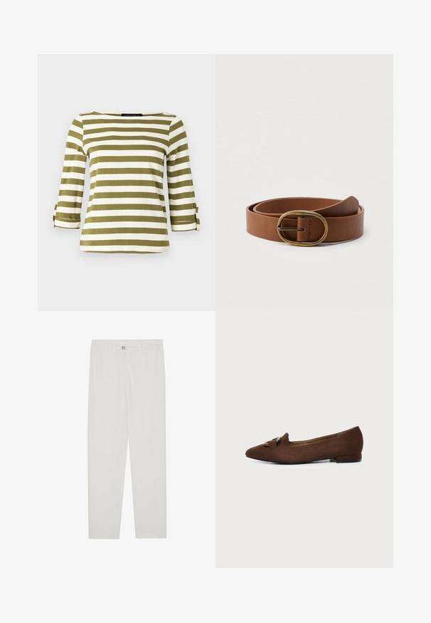 Haut rayé en vert olive et blanc, avec des manches trois-quarts munies de pattes de serrage et un col bateau. Tissu lisse et doux.; Pantalon blanc sur mesure avec une coupe droite, doté d'une fermeture à bouton, de passants de ceinture et de poches latérales ; texture de tissu lisse.; Chaussure plate marron à bout pointu avec détail décoratif de boucle sur le dessus, sur fond clair uni.; Ceinture en cuir marron enroulée avec une boucle ovale en laiton, présentée sur un fond blanc uni.