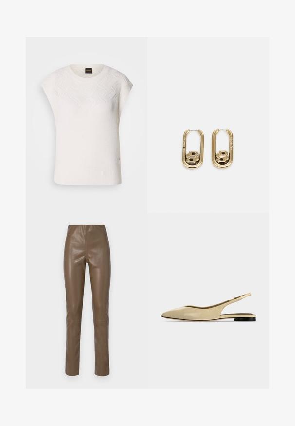 Pull sans manches blanc avec un motif texturé dans la partie supérieure et un ourlet côtelé. Présente un col rond et un logo discret sur l'étiquette.; Pantalons en cuir synthétique brun avec une texture lisse et brillante. Présentent une taille haute et des jambes droites, avec des détails de couture minimalistes.; Chaussure plate beige à bout pointu avec bride arrière, petit talon noir et finition en cuir lisse, vue de côté sur un fond uni.; BOSS DOUBLE B SWING - Boucles d'oreilles - gold-coloured