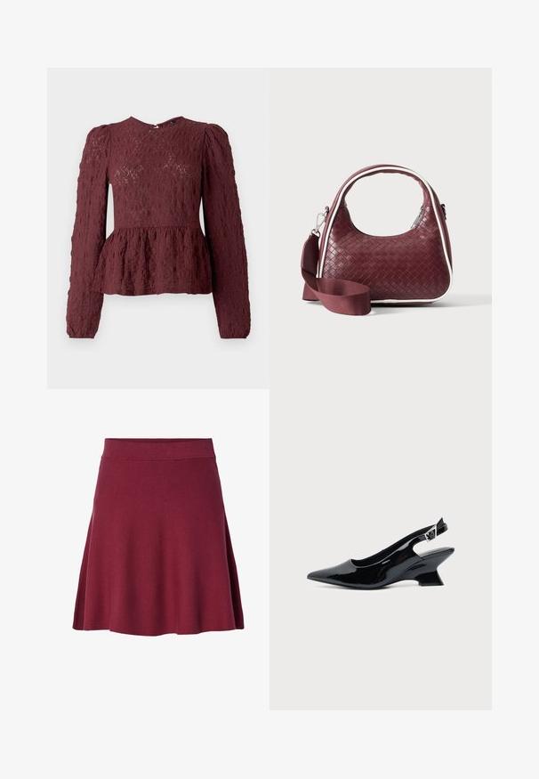 Top peplum burdeos hecho de encaje texturizado, con mangas largas, cuello alto y una cintura ligeramente plisada. Cierre de cremallera en la parte posterior.; Falda burdeos de longitud hasta la rodilla, hecha de un tejido suave y elástico; diseño acampanado con una cinturilla lisa y sin cierres ni patrones visibles.; Zapato slingback de cuero charol negro con puntera puntiaguda y tacón bajo en bloque inclinado sobre fondo claro liso.; Bolso de mano de cuero tejido color granate con asa curva, ribete blanco, cremallera plateada y correa desmontable de tela ancha para el hombro sobre fondo liso.