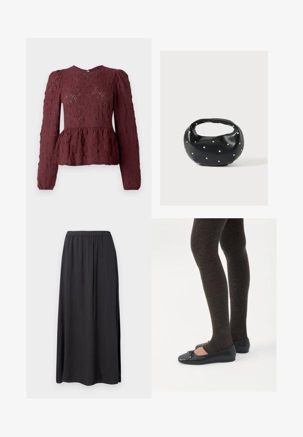 Burgunderfarvet peplum-top i tekstureret blonde, med lange ærmer, høj hals og en subtil plisseret talje. Lynlås Lukning i ryggen.; Sort maxiskørt lavet af blødt, flydende stof. Har en elastisk talje og sideslidser, hvilket giver en afslappet pasform og silhuet.; Ben iført mørke ribbede leggings kombineret med sorte balletsko med små sløjfedetaljer på hvid baggrund.; Sort læderhåndtaske med en rundet form, dekoreret med sølvnitter, og et kort håndtag. Glat tekstur og lynlåslukning.