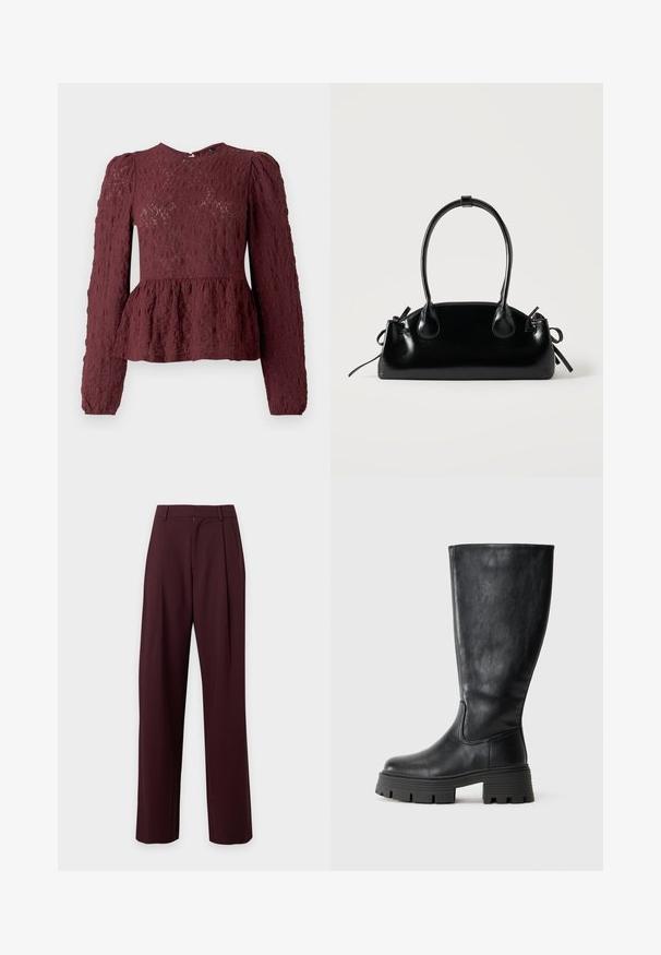 Burgunderfarbene Peplum-Bluse aus strukturiertem Spitzenmaterial, mit langen Ärmeln, hohem Kragen und einem dezent gefältelten Taillenbereich. Reißverschluss hinten.; Dunkelbraune, hochgeschnittene, maßgeschneiderte Hose mit geraden Beinen und Gürtelschlaufen, vor hellem, einfarbigem Hintergrund dargestellt.; Schwarze kniehohe Stiefel aus glattem Leder mit einer dicken, strukturierten Sohle und dezenten Nahtdetails an der Außenseite.; Kleine schwarze glänzende Handtasche mit zwei langen Griffen und seitlichen Kordelzug-Details vor einfachem hellem Hintergrund.