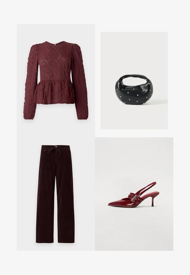 Burgunderfarvet peplum-top i tekstureret blonde, med lange ærmer, høj hals og en subtil plisseret talje. Lynlås Lukning i ryggen.; Mørkeburgunder corduroy-bukser med en løs pasform, der har bånd i taljen og forlommer. Teksturen er ribbet, og stoffet ser blødt ud.; Røde patenteret læder slingback hæle med spids tå, to spændebånd og en slank, mellemhøj stiletto hæl. Glat tekstur.; Sort læderhåndtaske med en rundet form, dekoreret med sølvnitter, og et kort håndtag. Glat tekstur og lynlåslukning.