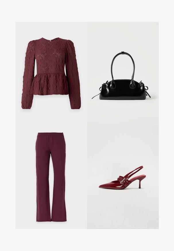 Bordeaux peplum top van textuurkant, met lange mouwen, een hoge hals en een subtiele geplooide taille. Ritssluiting aan de achterkant.; Rechte broek in effen donker bordeaux met elastische tailleband, gemaakt van zachte stof.; Rode gepatenteerde leren slingbackhakken met een spitse neus, twee gespsluitingen en een slanke, middelhoge stilettohak. Glad textuur.; Kleine zwarte glanzende handtas met twee lange hengsels en zijkant trekkoord details op een effen lichte achtergrond.