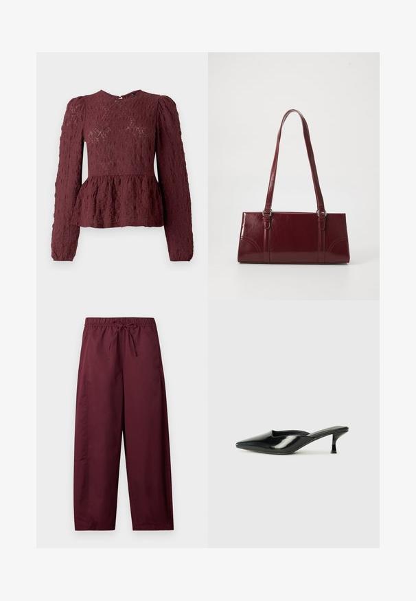 Burgunderfarvet peplum-top i tekstureret blonde, med lange ærmer, høj hals og en subtil plisseret talje. Lynlås Lukning i ryggen.; Løse vinrøde bukser med elastisk taljebånd og snøre, lige ben, ingen synlige lommer eller mønstre.; Sorte patenterede lædermules med spids tå, lav kittenheel og buede sider, der har en glansfuld finish og minimalistisk design.; Bordeaux håndtaske lavet af glansfuldt materiale, rektangulær form, med to skulderremme og subtile buede detaljer på forsiden.