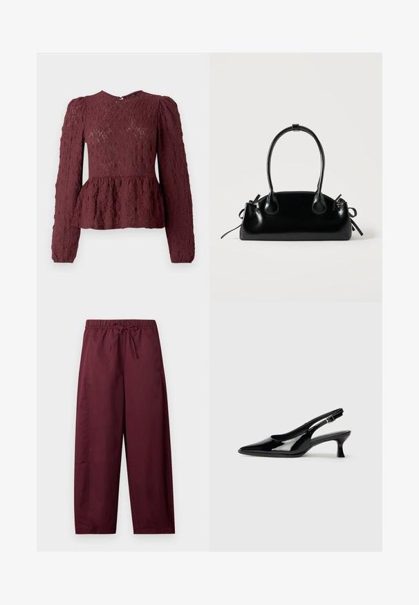 Bordeaux peplum top van textuurkant, met lange mouwen, een hoge hals en een subtiele geplooide taille. Ritssluiting aan de achterkant.; Losse, bordeauxrode broek met elastische tailleband en trekkoord, rechte pijpen, zonder zichtbare zakken of patronen.; Zwarte lakleren slingback schoenen met een spitse neus en een lage blokhak. Verstelbare gespband bij de enkel.; Kleine zwarte glanzende handtas met twee lange hengsels en zijkant trekkoord details op een effen lichte achtergrond.