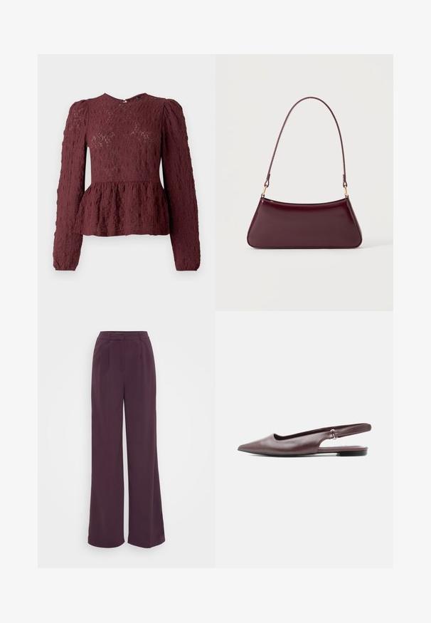 Burgundi peplum-särk, mis on valmistatud tekstureeritud pitsist, pikad varrukad, kõrge kaelus ja peenelt volditud vöökoht. Tagumine lukuga sulgemine.; Laiad jalad sügavas lillakas kangas. Omab kohandatud vöökohtadega plekke. Sile tekstuur ilma nähtavate mustrite või riistade. ; Veinipunane terava ninaga madal kontsaga rihmikkingaga lame king valgel taustal.; Tume burgundia läikiv käekott ühe õhukese sangaga ja sujuva trapetsikujuga helel ühtlasel taustal.