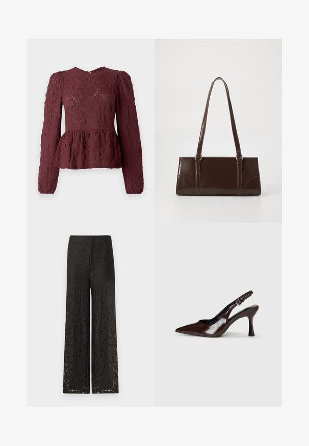 Top peplum bourgogne en dentelle texturée, doté de manches longues, d'un col haut et d'une taille plissée subtile. Fermeture éclair dans le dos.; Pantalons larges en dentelle noire avec un motif floral, surface texturée, taille haute et coupe ample pour le confort et le style.; Talons slingback en cuir verni brun avec un bout pointu, un talon fin, et une sangle réglable avec une petite boucle.; Sac à main en cuir verni marron de forme rectangulaire, avec deux longues poignées et des accents courbés subtils à l'avant.