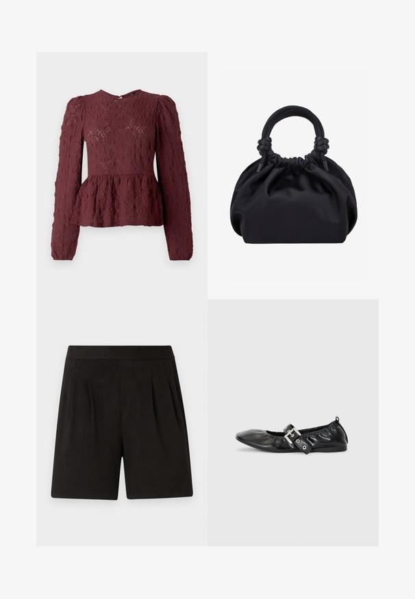 Burgunderfarbene Peplum-Bluse aus strukturiertem Spitzenmaterial, mit langen Ärmeln, hohem Kragen und einem dezent gefältelten Taillenbereich. Reißverschluss hinten.; Schwarze Shorts aus weichem Stoff mit einer glatten Textur, elastischem Bund und gefaltetem Vorderdesign. Einfach und schmucklos.; Schwarze Leder-Ballerinas mit spitzem Zehenbereich, gerafften Details am Schaft und einem silbernen Schnallenakzent am verstellbaren Riemen.; Schwarze weiche Stoffhandtasche mit gerafftem oberen Rand und runden, gepolsterten Griffen, die auf jeder Seite mit Knoten gebunden sind.