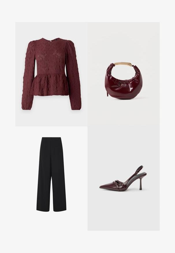 Burgunderfarbene Peplum-Bluse aus strukturiertem Spitzenmaterial, mit langen Ärmeln, hohem Kragen und einem dezent gefältelten Taillenbereich. Reißverschluss hinten.; Schwarze, weite, knöchellange Hosen mit hohem Bund und seitlichen Taschen, die subtile vertikale Nahtdetails aufweisen.; Bordeauxroter Slingback-Pumps aus Lackleder mit spitz zulaufender Vorderkappe, dünnem Knöchelriemen und kleiner dekorativer Schnalle. Glatte Textur und hoher Absatz.; Burgunderfarbene Kunstleder-Handtasche mit runder Form, gerafften Details und einem goldfarbenen Metallgriff. Glatte Textur und glänzende Oberfläche.