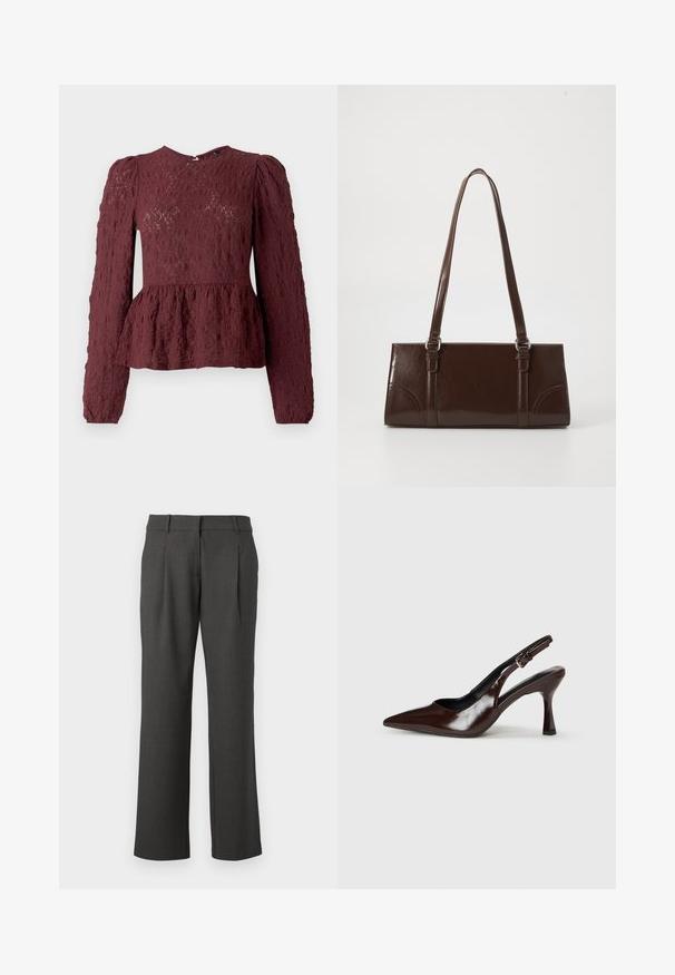 Top peplum bourgogne en dentelle texturée, doté de manches longues, d'un col haut et d'une taille plissée subtile. Fermeture éclair dans le dos.; Pantalons formels gris foncé avec des jambes droites, des passants de ceinture et des plis avant, présentés sur un fond blanc.; Talons slingback en cuir verni brun avec un bout pointu, un talon fin, et une sangle réglable avec une petite boucle.; Sac à main en cuir verni marron de forme rectangulaire, avec deux longues poignées et des accents courbés subtils à l'avant.