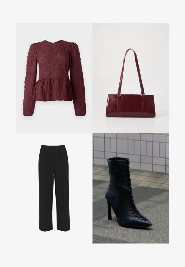 Burgundi peplum-särk, mis on valmistatud tekstureeritud pitsist, pikad varrukad, kõrge kaelus ja peenelt volditud vöökoht. Tagumine lukuga sulgemine.; Mustad mustad jalad, millel on lame vöökoht, esipleated ja sile tekstuur. Ilma nähtavate taskuteta või riistvarata.; Must nahast kõrgete kontsadega pahkluu saabas esiosade paeltega, terava ninaga, seisab asfaltpinnal plaaditud seina taustal.; Burgundia värvi käekott, mis on valmistatud läikivast materjalist, ristküliku kujuline, kahe õlapaelaga ning ees on peened kaarjad aktsendid.
